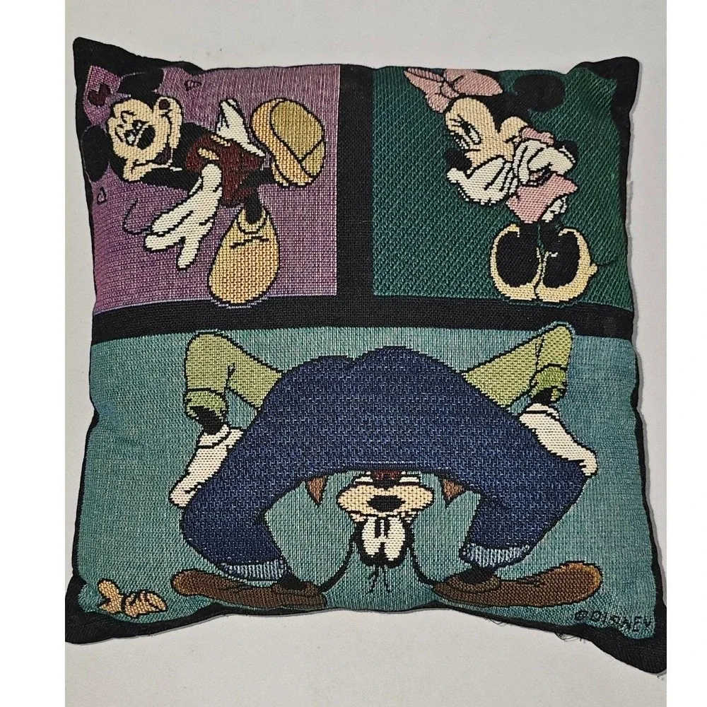Vintage Disney Tapestry Throw Pillow Mickey Minnie Goofy Woven Comic Decor